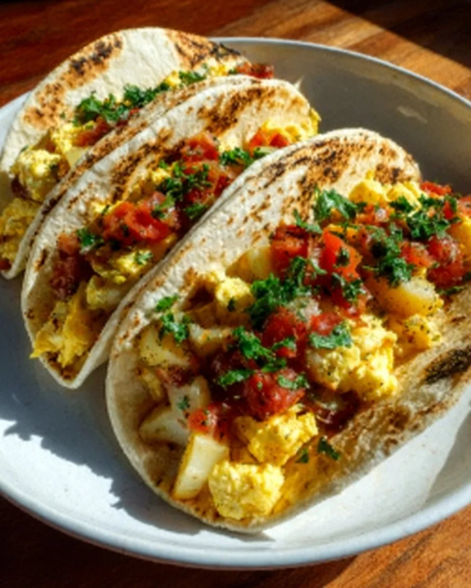 Delicious Potato Egg Cheese Tacos served on a plate, garnished with fresh herbs.