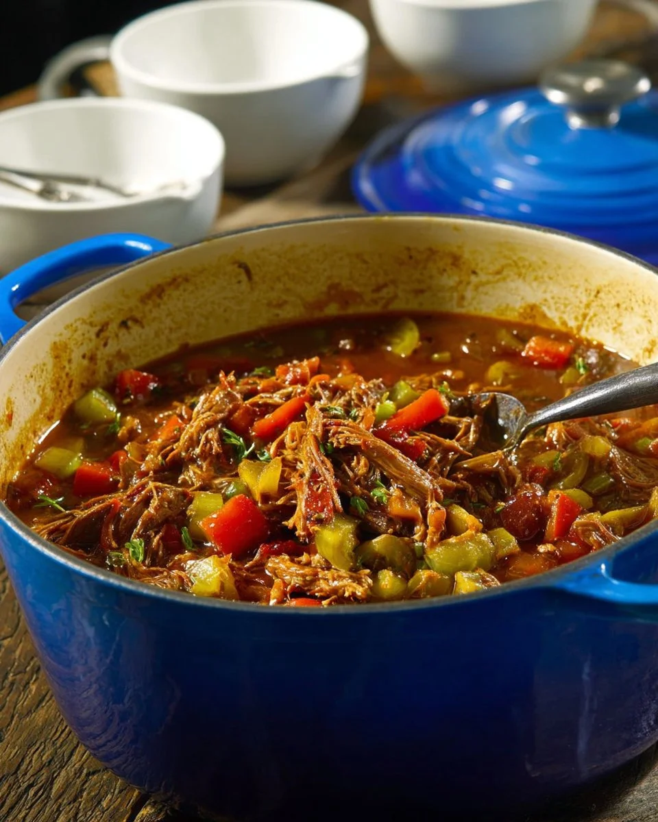 Bowl of pulled pork vegetable soup garnished with fresh herbs.