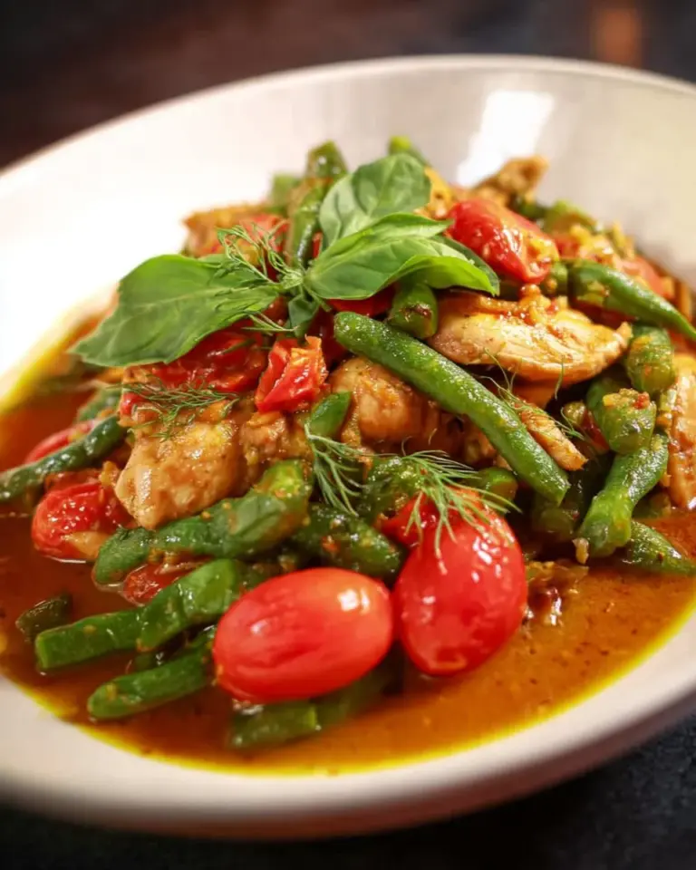Red curry stir fry with chicken and vegetables in a wok