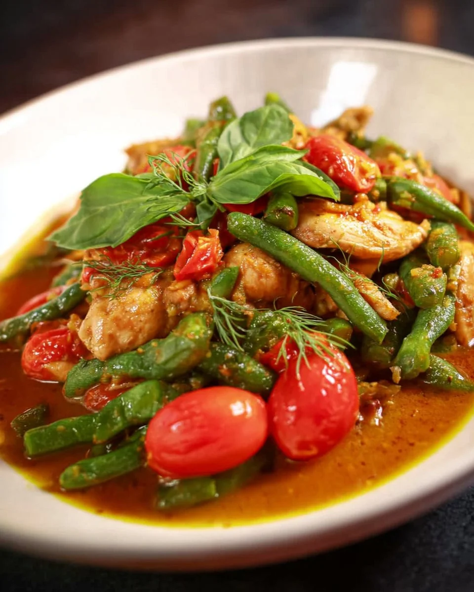 Red curry stir fry with chicken and vegetables in a wok