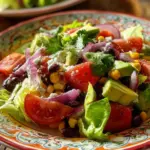 Bowl of colorful Santa Fe Salad with fresh vegetables and dressing