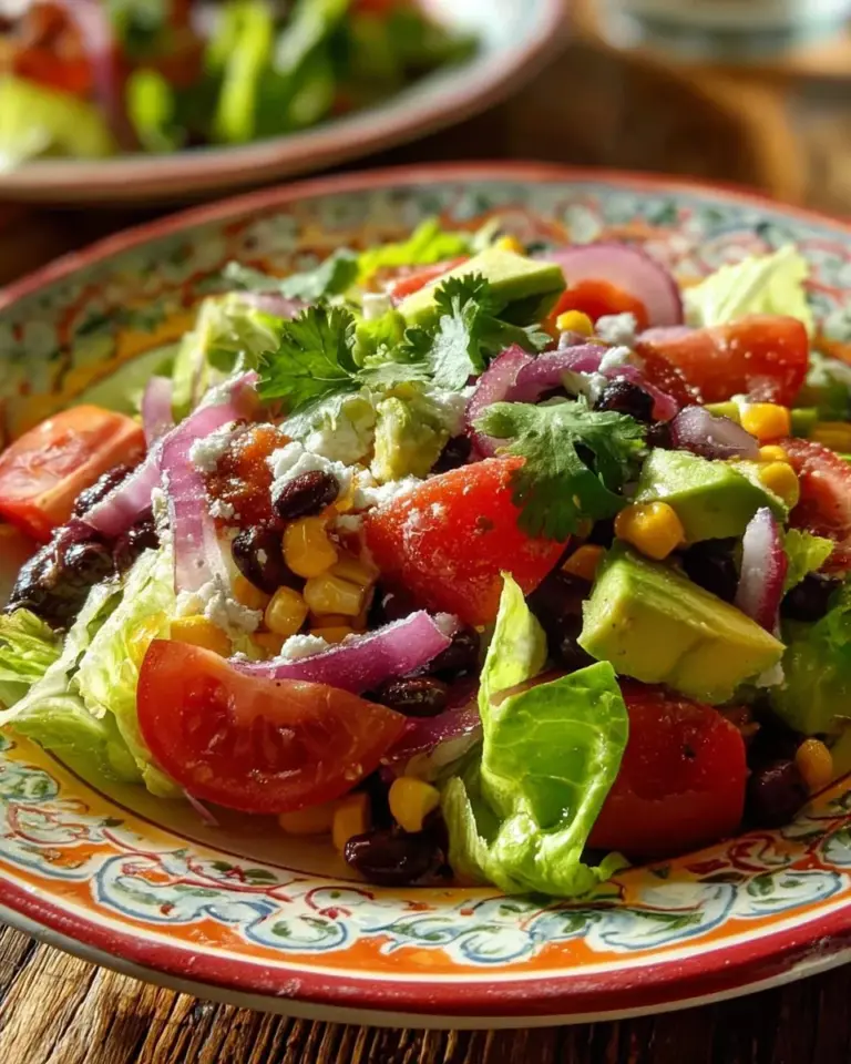 Bowl of colorful Santa Fe Salad with fresh vegetables and dressing