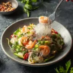 Shrimp and glass noodle salad served in a bowl with fresh vegetables