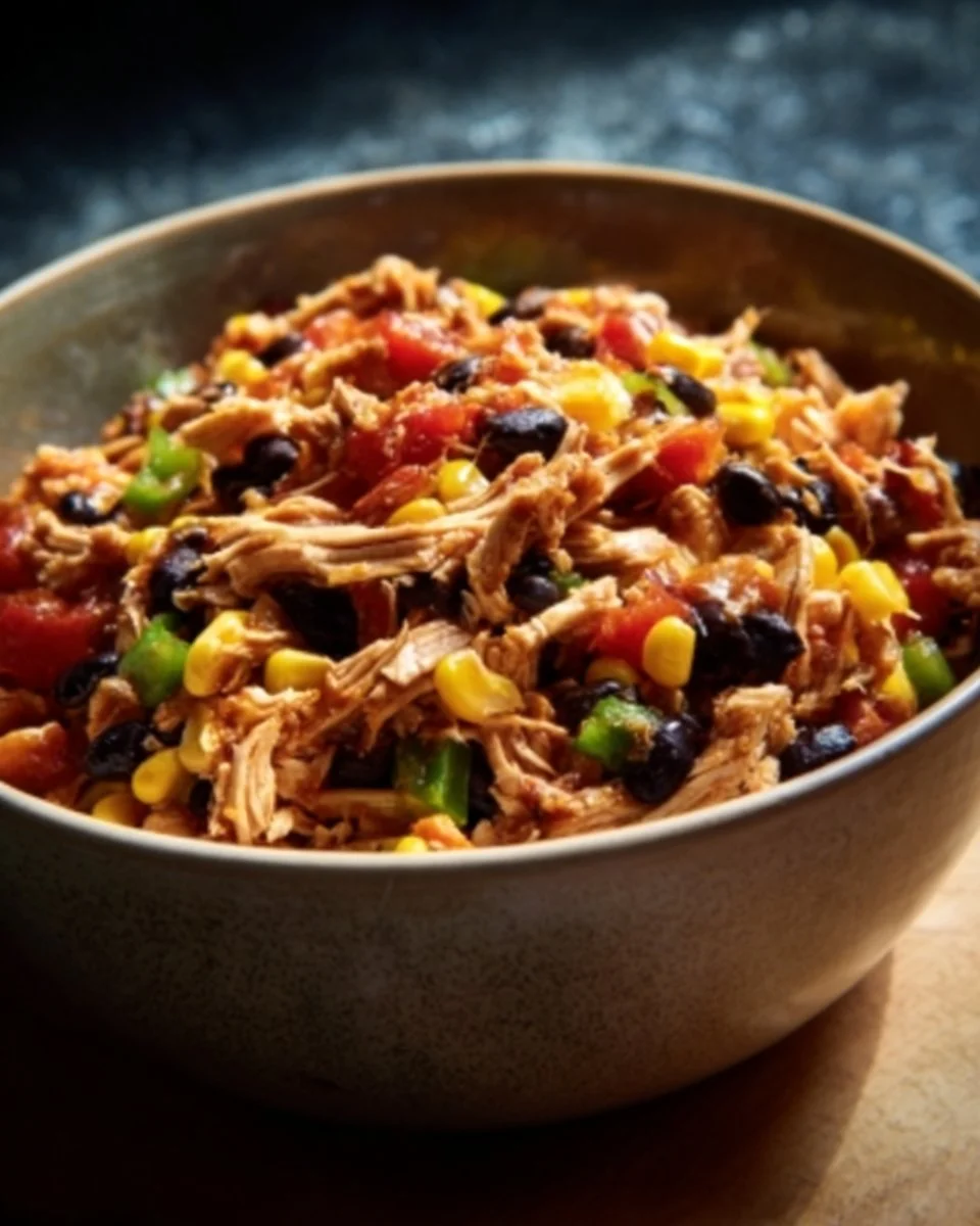 Bowl of Slow Cooker Fiesta Chicken served with rice and garnished with cilantro