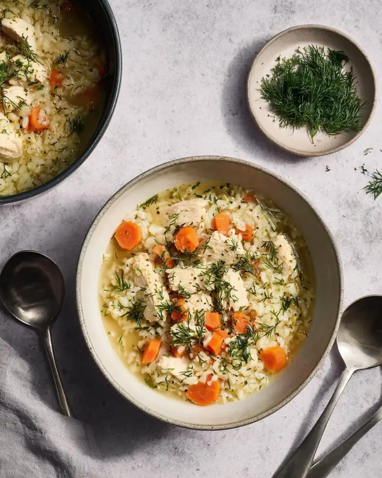 Bowl of Slow Cooker Greek Lemon Chicken Orzo Soup with lemon slices and herbs