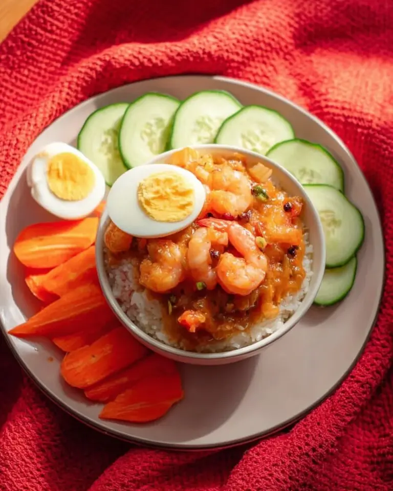 Delicious spicy shrimp dip in a bowl, garnished with herbs.
