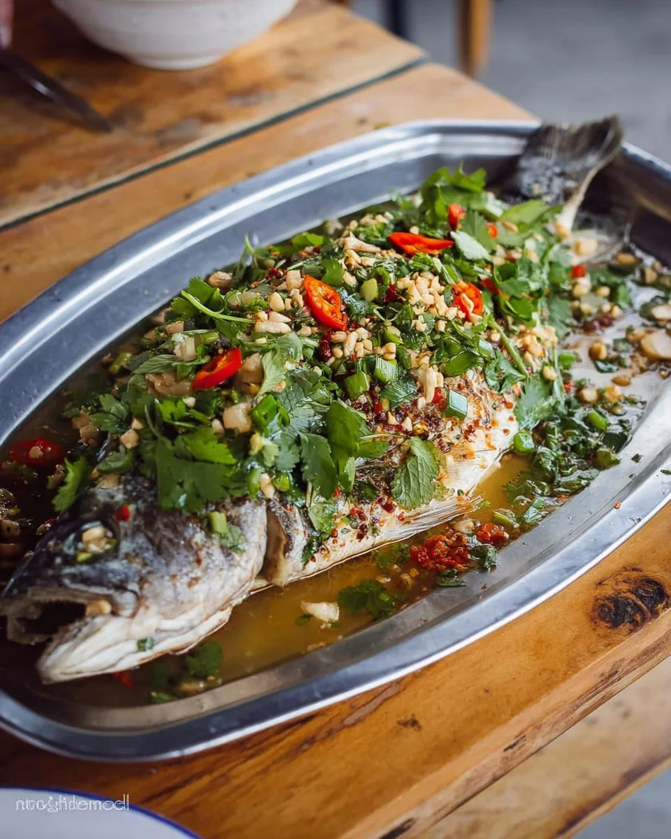 Steamed fish topped with lime garlic sauce, served on a white plate.