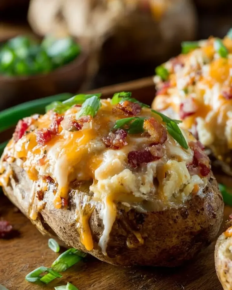 Delicious stuffed baked potatoes filled with cheese, bacon, and chives.