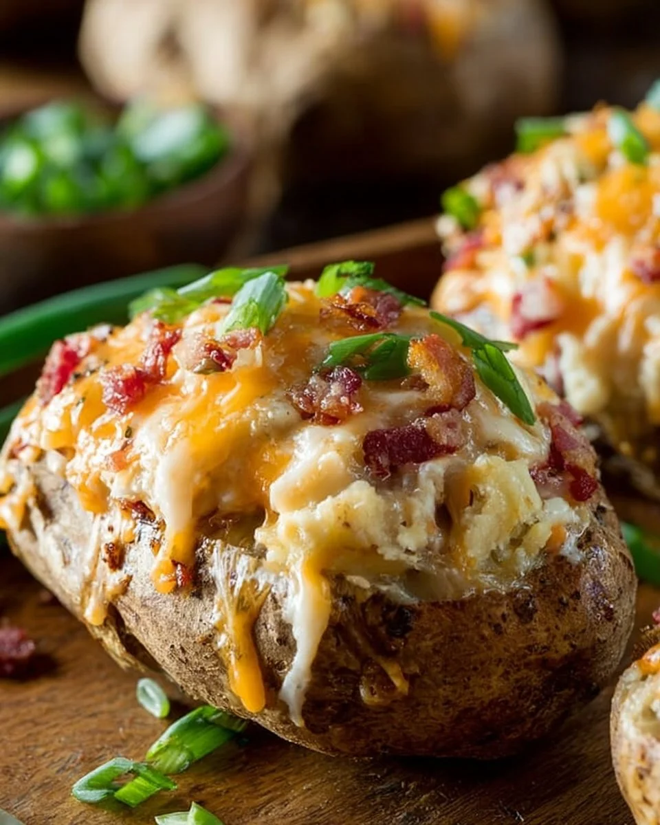 Delicious stuffed baked potatoes filled with cheese, bacon, and chives.