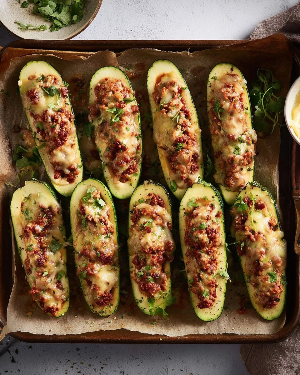 Delicious stuffed zucchini boats filled with a savory mix of vegetables and herbs.