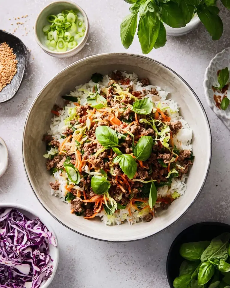Sweet Chili Pork and Rice Bowl garnished with fresh vegetables