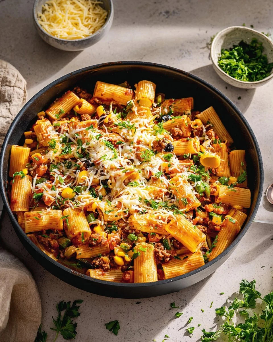 Bowl of Taco Pasta garnished with fresh ingredients