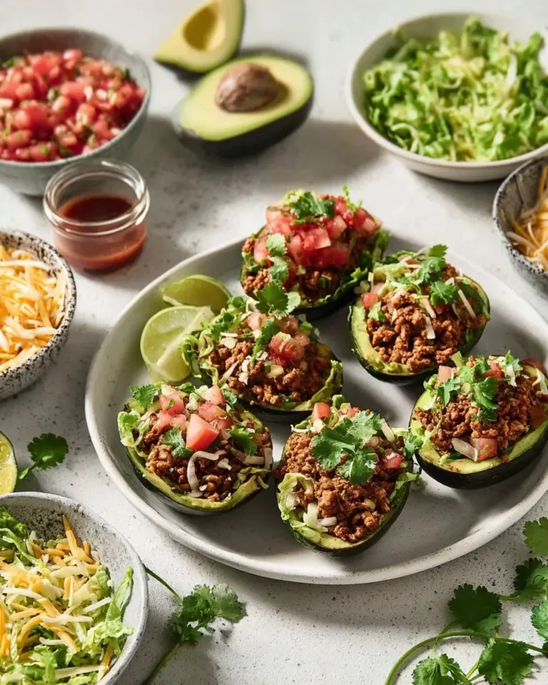 Delicious taco stuffed avocados topped with cheese and salsa