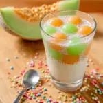 Delicious tapioca melon dessert soup with fresh melon and tapioca pearls.