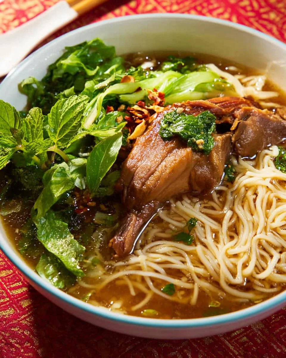 Bowl of Thai duck noodle soup with herbs and spices