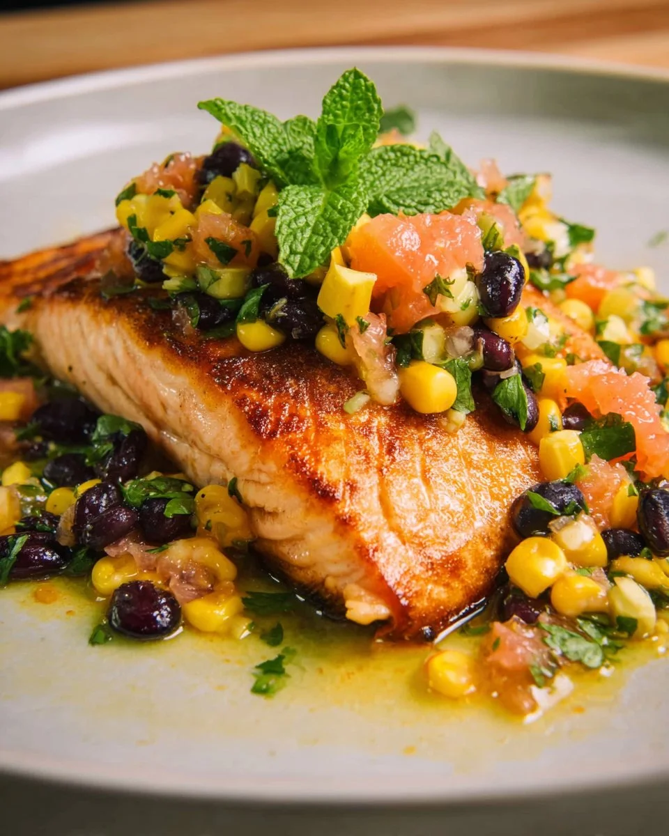 Thai Salmon fillet topped with colorful Thai Corn Salsa.
