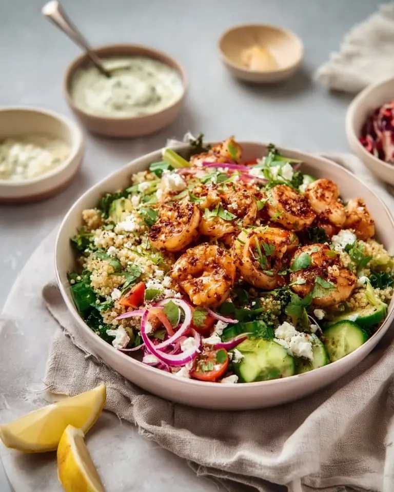 A delicious Mediterranean shrimp bowl with fresh ingredients and vibrant colors.