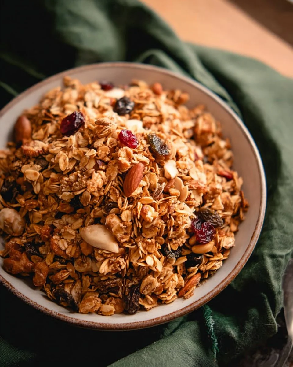Toasted coconut oat granola in a bowl with coconut flakes