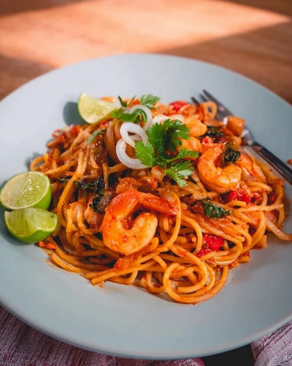 Delicious Tom Yum Spaghetti with Shrimp garnished with herbs and spices.