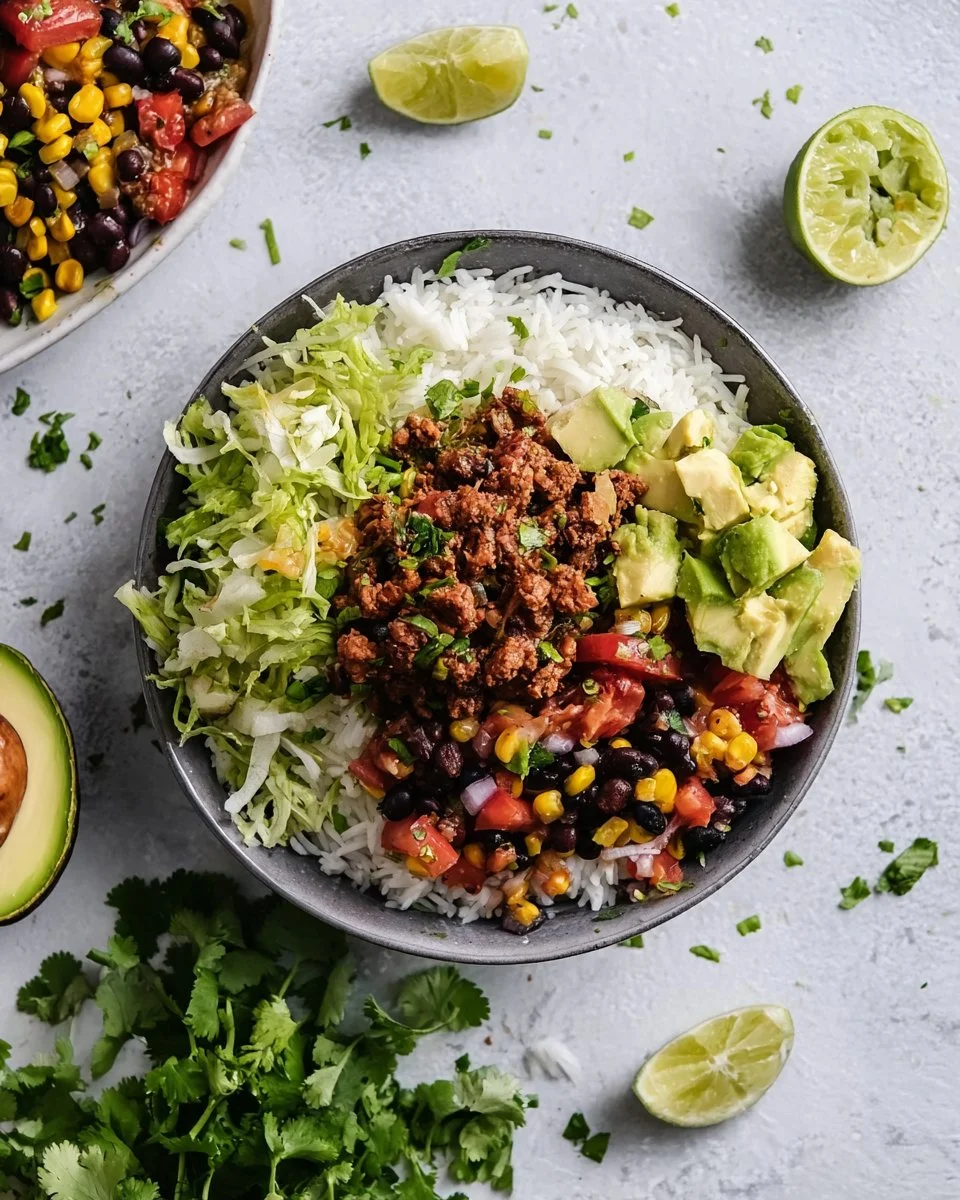 Delicious Vegan Ground Beef Burrito Bowls made with Impossible Meat