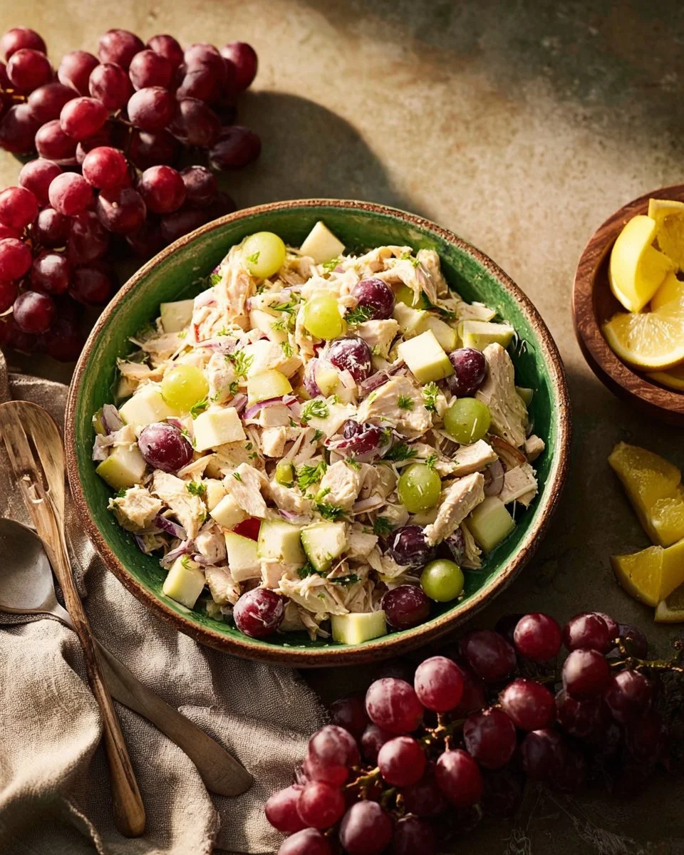 Waldorf Chicken Salad featuring chicken, apples, celery, and walnuts in a creamy dressing.