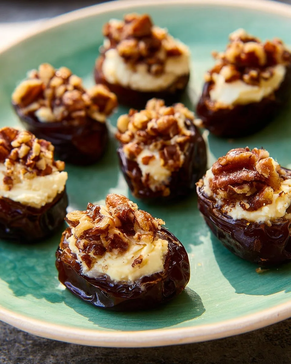Whipped feta stuffed dates served on a platter as an appetizer