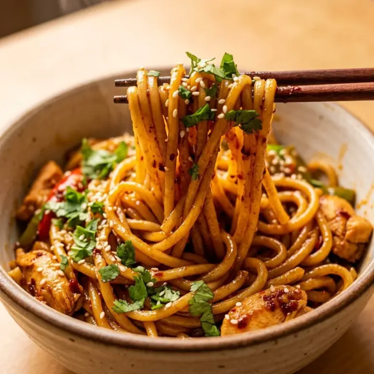 Bowl of 20 minute spicy Thai noodles with vegetables and herbs