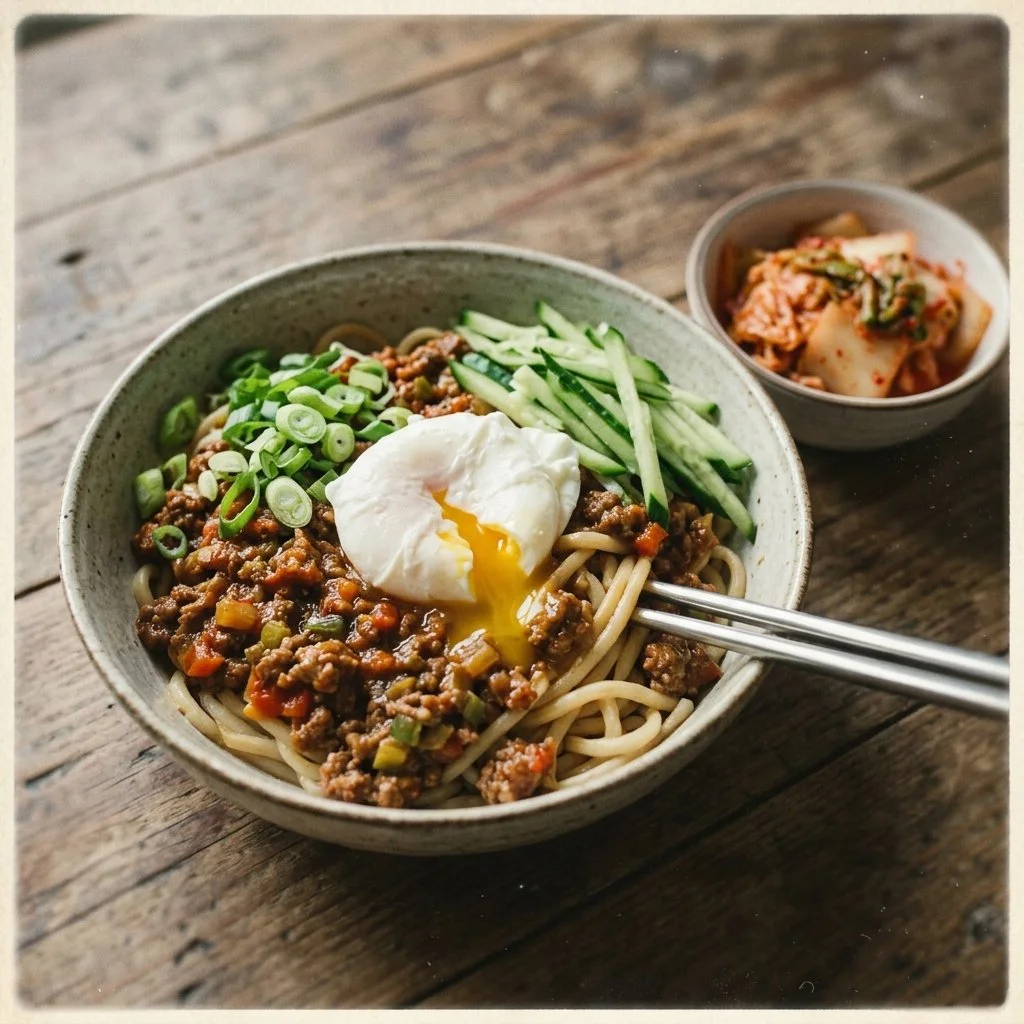 Asian-Style Ground Beef Spaghetti dish garnished with fresh herbs