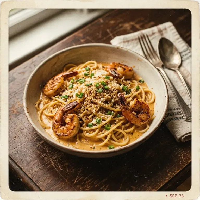 Delicious bowl of Bang Bang Shrimp Pasta with creamy sauce and shrimp