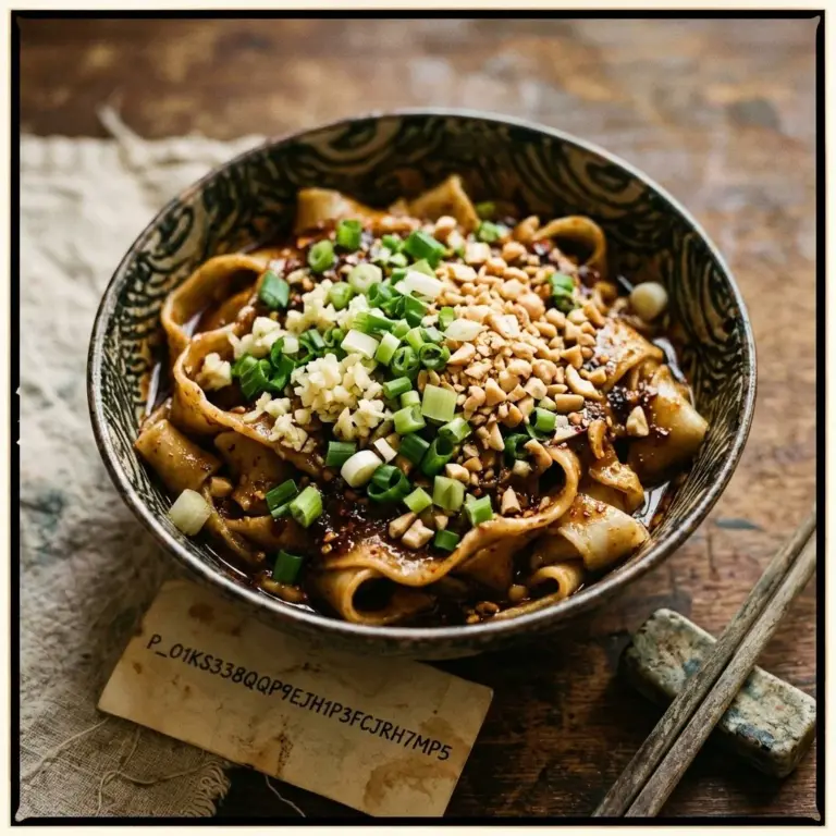Bowl of spicy Chili Garlic Noodles garnished with fresh herbs and chilies