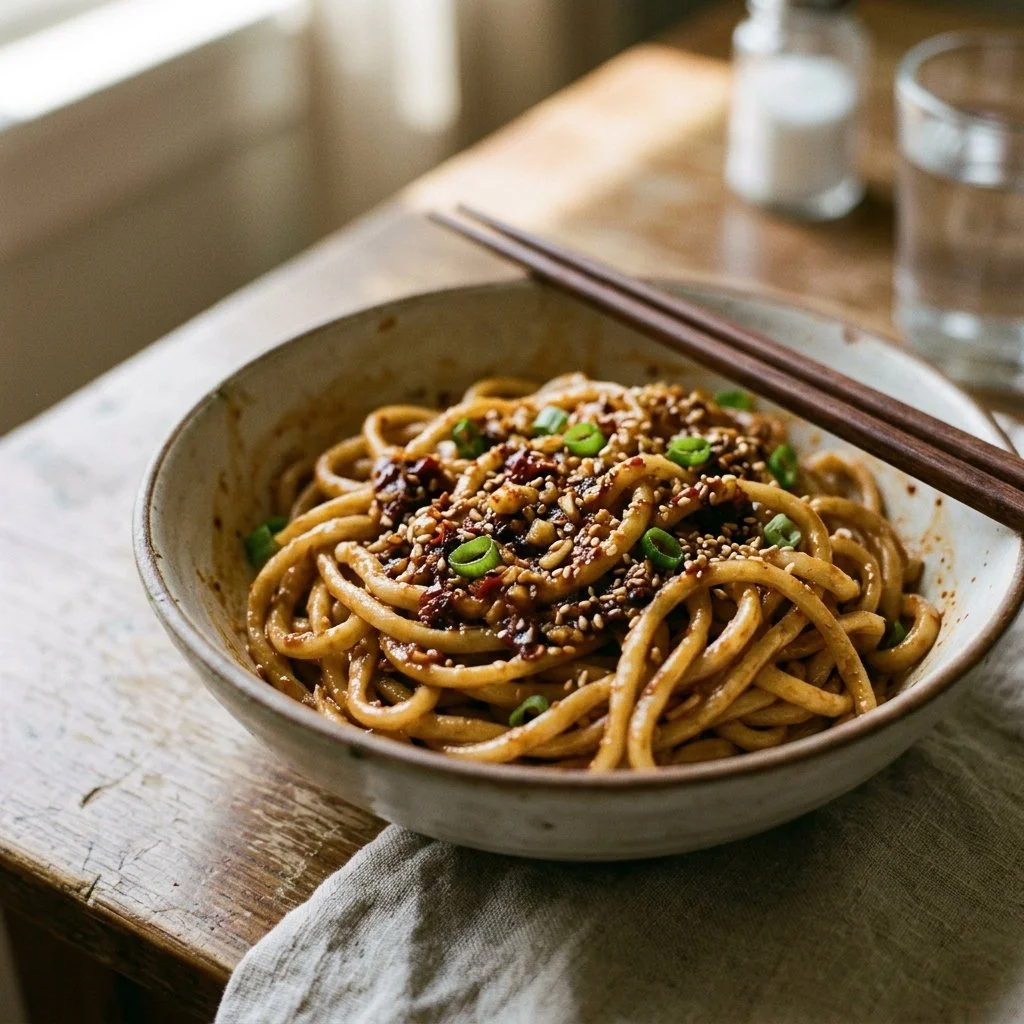 A bowl of spicy Chili Garlic Noodles garnished with fresh herbs.