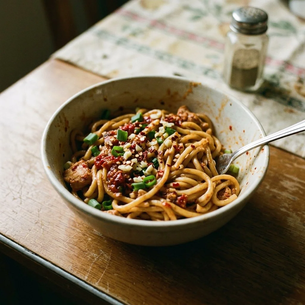 Delicious bowl of Chilli Garlic Noodles garnished with green onions.