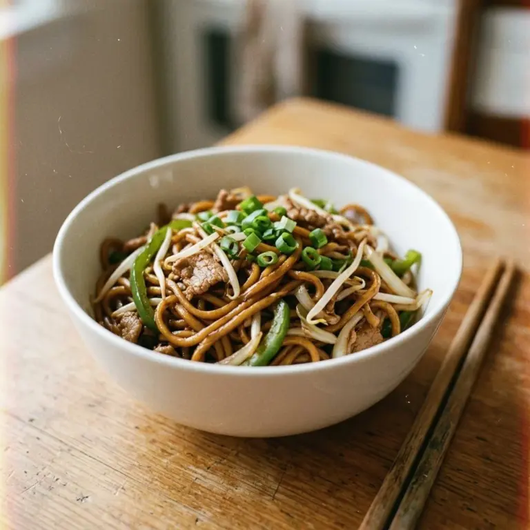 Plate of Classic Chinese Fried Noodles garnished with vegetables and sauce
