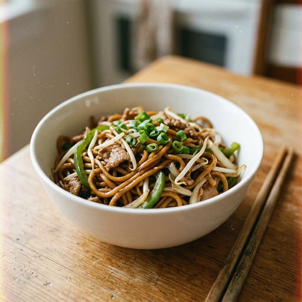 Plate of Classic Chinese Fried Noodles garnished with vegetables and sauce