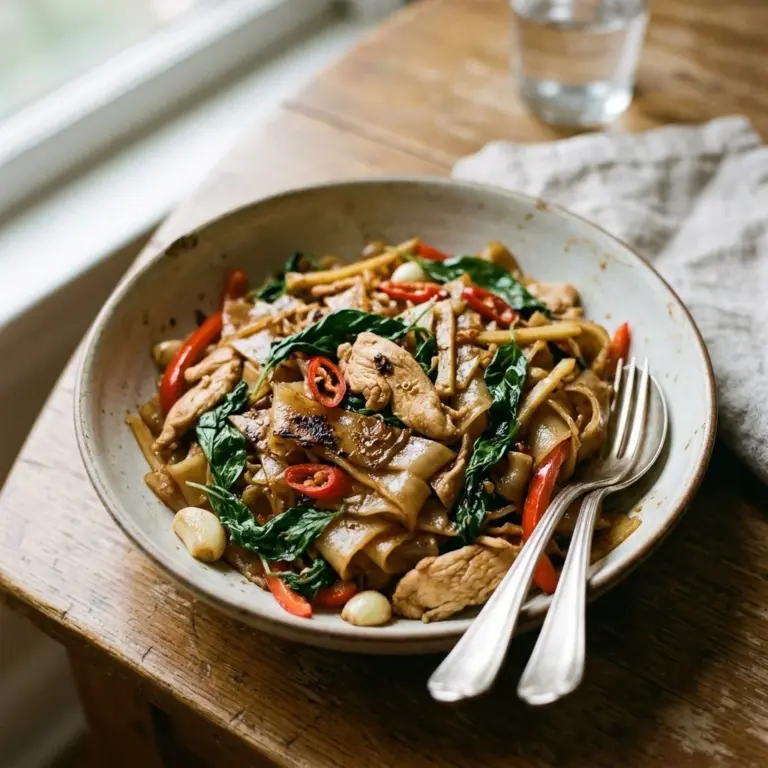 Delicious plate of drunken noodles with vegetables and protein in spicy sauce.