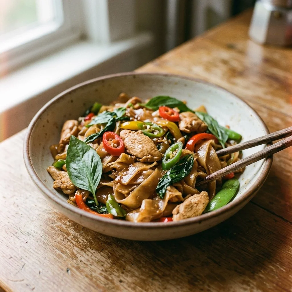 Plate of delicious drunken noodles garnished with vegetables and herbs