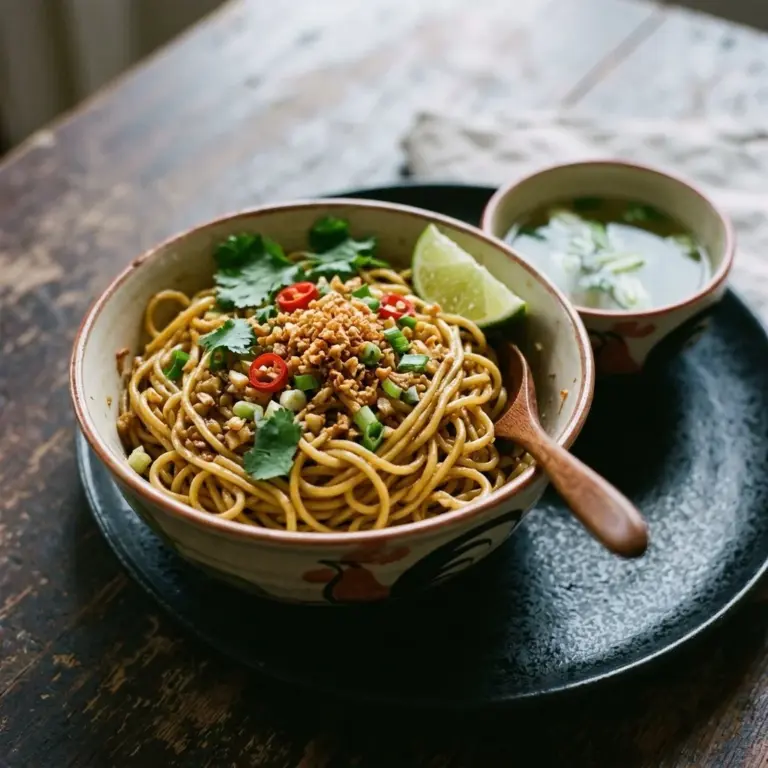 Bowl of easy Asian garlic noodles garnished with herbs and spices