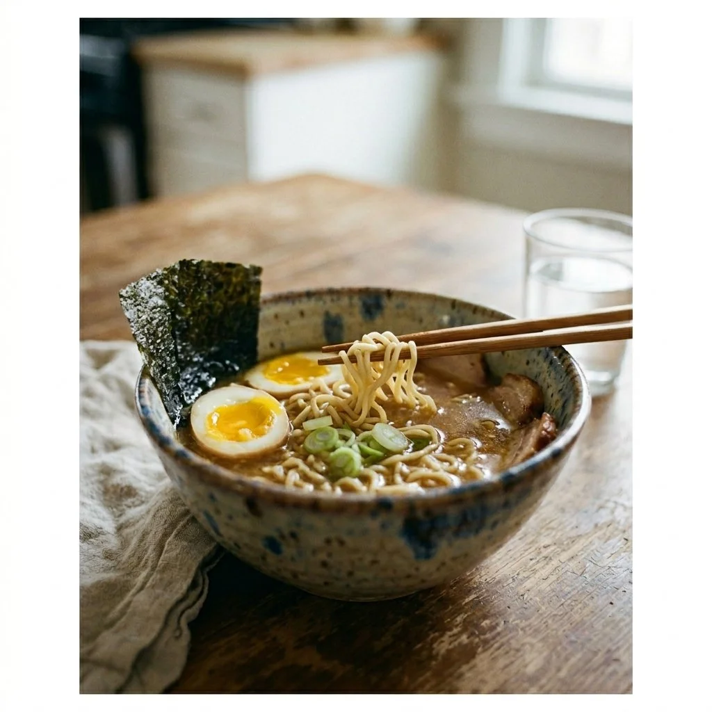 Bowl of easy homemade ramen noodles with vegetables and broth