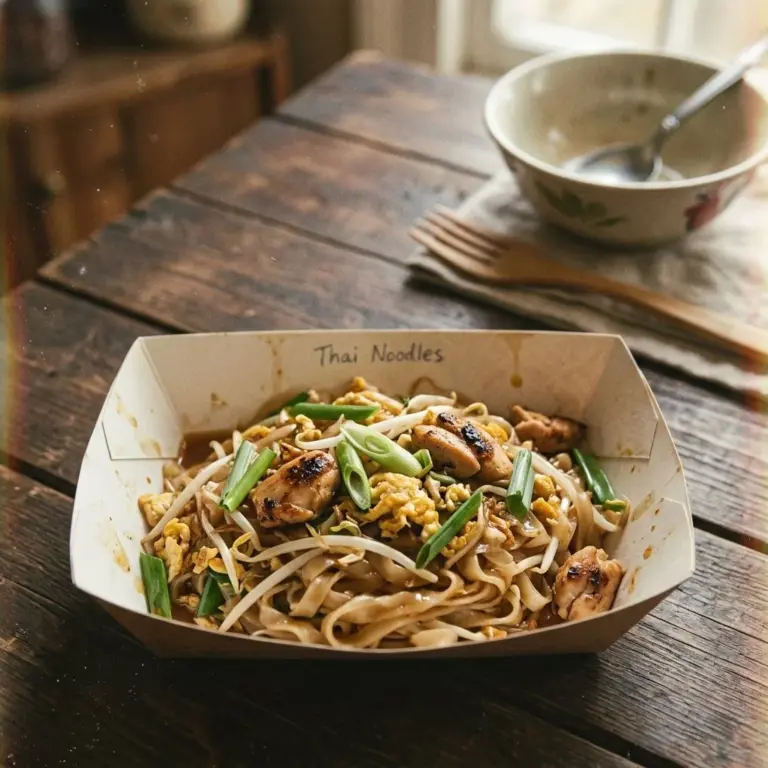 Bowl of easy Thai noodles garnished with fresh herbs and veggies