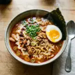 Bowl of fiery chicken ramen topped with creamy garlic sauce and fresh herbs