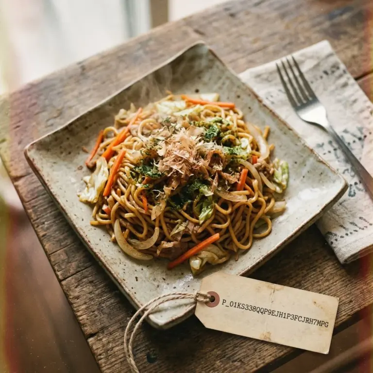 Delicious plate of fried noodles topped with vegetables and spices.