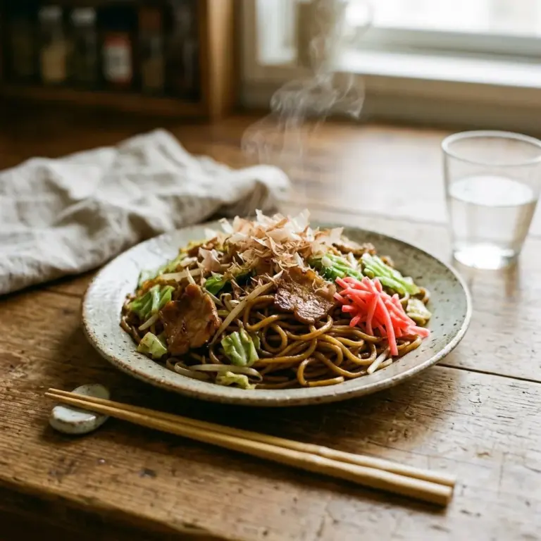 Plate of savory fried noodles garnished with vegetables and herbs