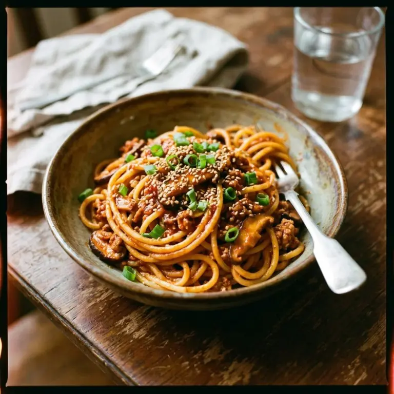 A delicious bowl of gochujang pasta garnished with herbs.