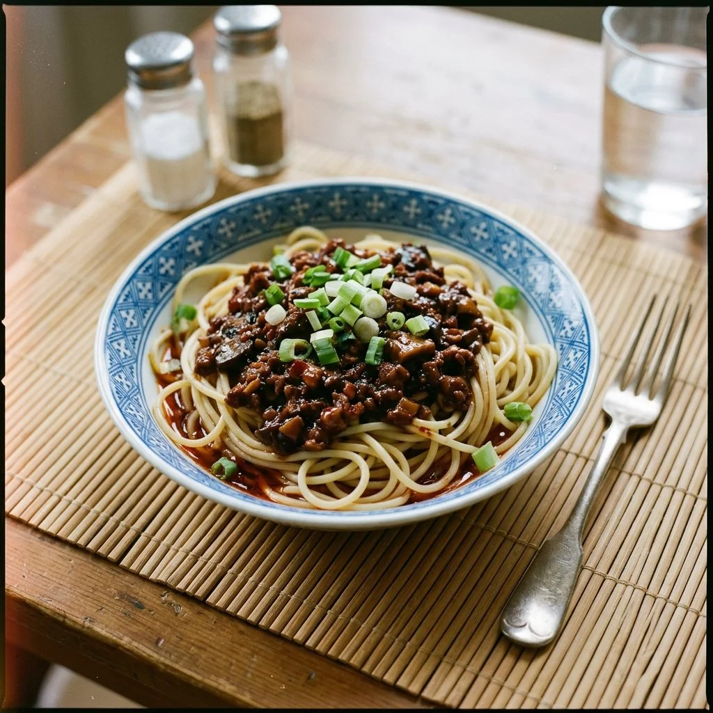 Plate of homemade spaghetti with Chinese-style meat sauce garnished with herbs