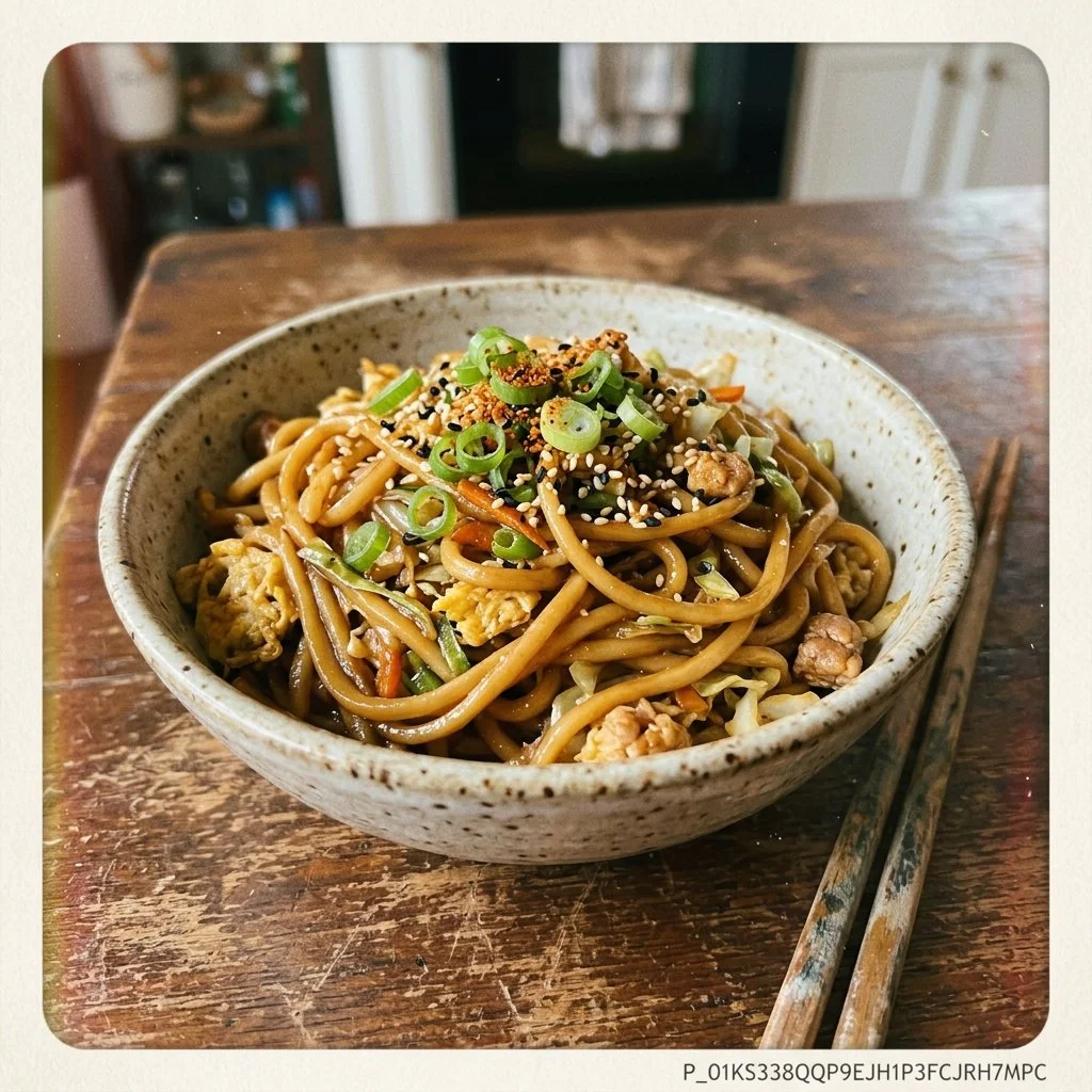 Delicious plate of Japanese Hibachi Noodles with colorful vegetables and sauces