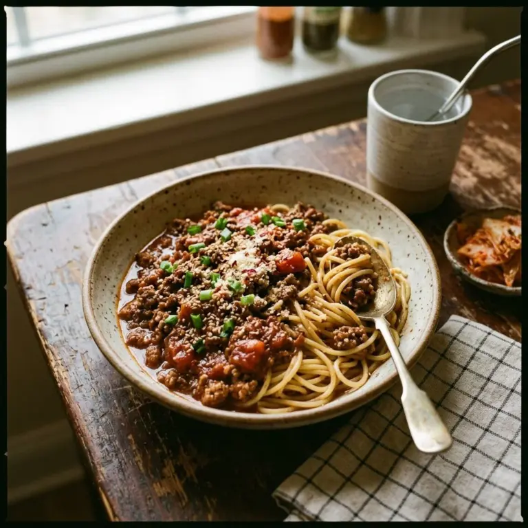 Bowl of Korean Bulgogi Bolognese with garnishes and herbs