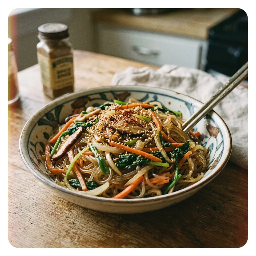 Korean glass noodle stir fry with colorful vegetables in a bowl
