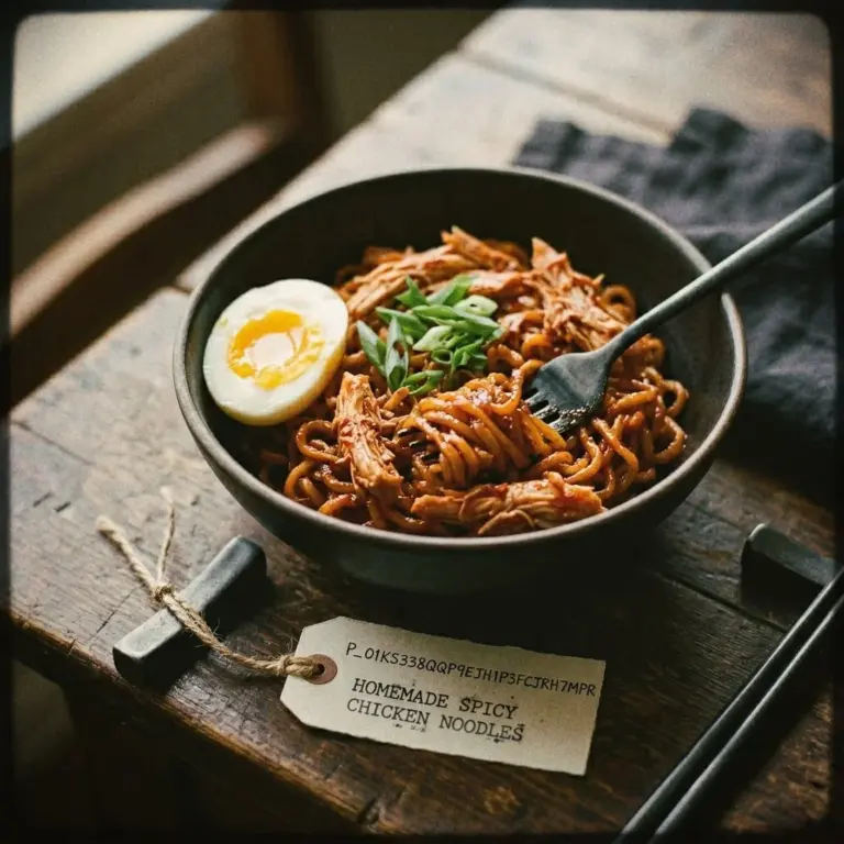 Delicious bowl of Korean spicy chicken noodles garnished with green onions