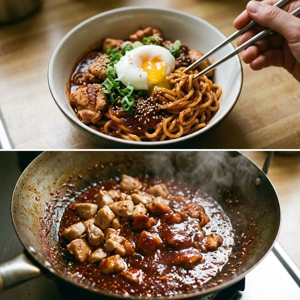 Bowl of Korean spicy chicken noodles garnished with fresh herbs and chili peppers