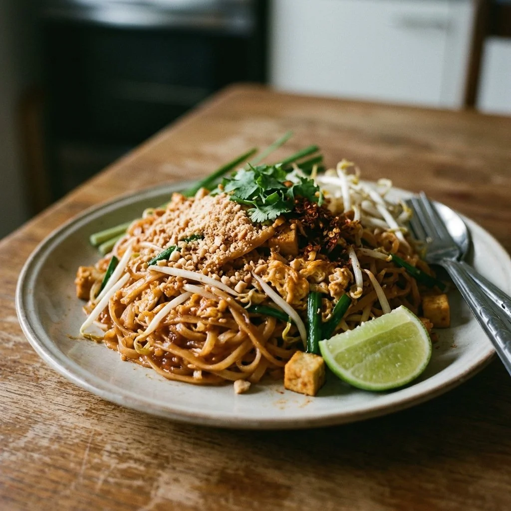 Delicious plate of Pad Thai garnished with peanuts and lime.